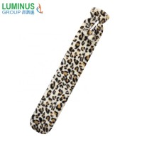 Long rubber hot water bottle bag with leopard print plush cover and pom poms